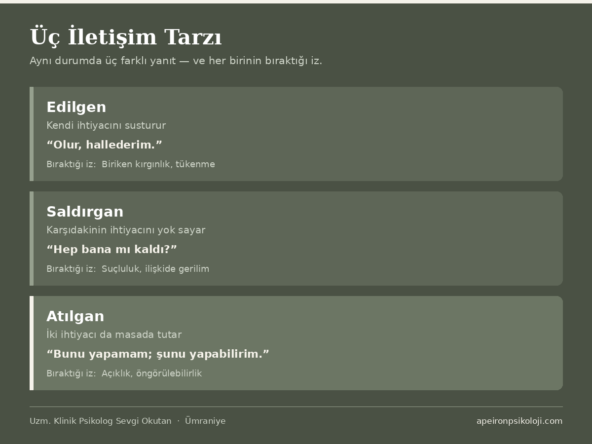 Edilgen, saldırgan ve atılgan iletişim tarzlarının karşılaştırması